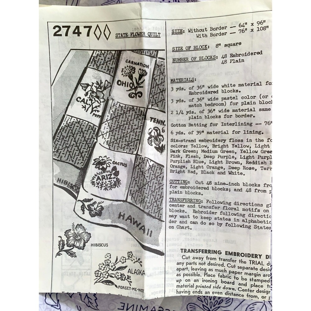 50 STATE FLOWERS Quilt Blocks Pattern 2747 Vtg Mail Order Needlecraft Embroidery